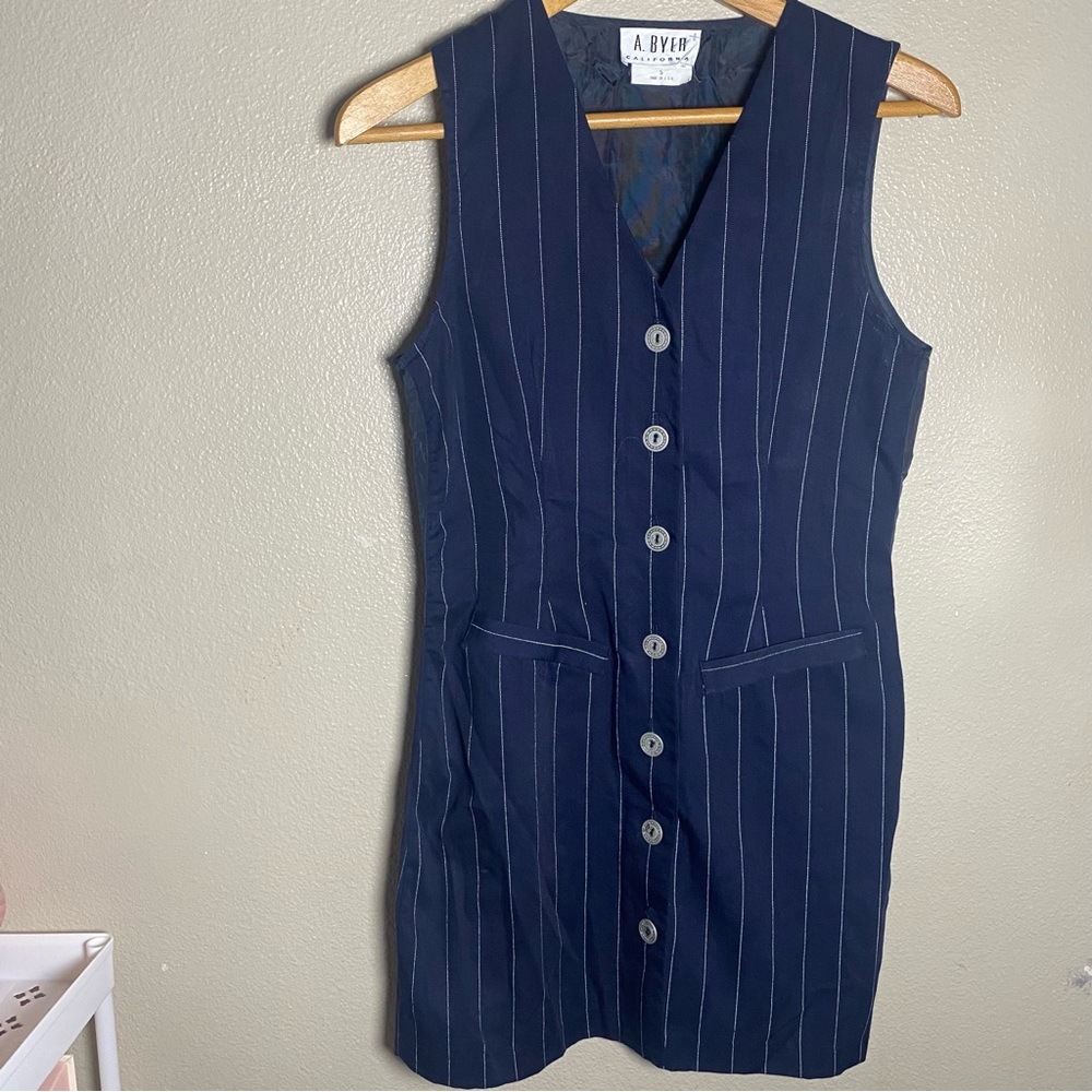 Byer California navy blue pinstripe tailored mini vest dress v neck 90s size 5